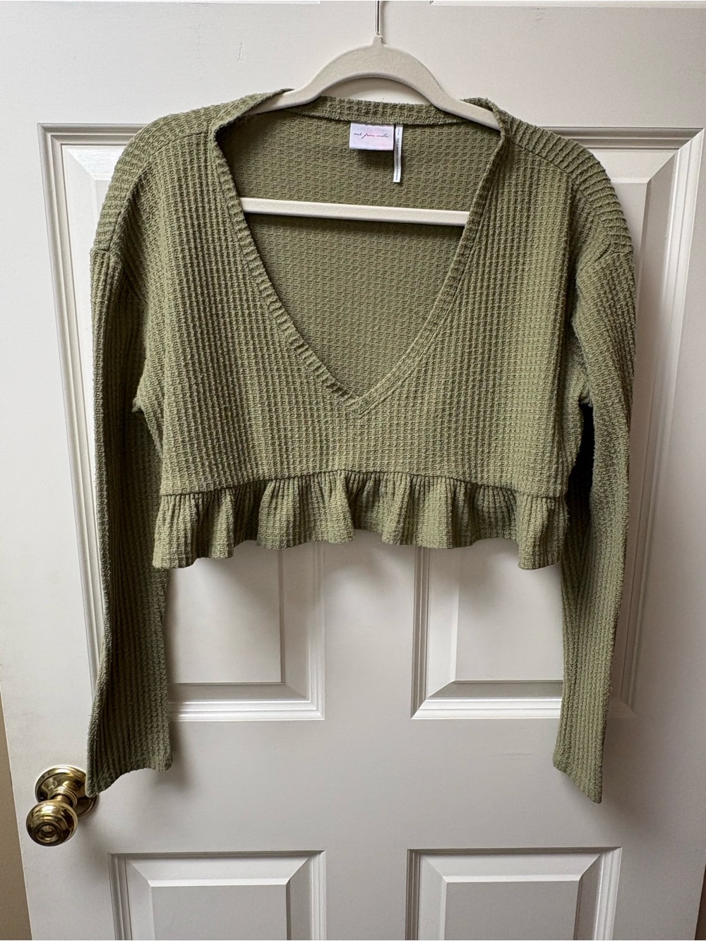 Urban Outfitters Olive Green Waffle Knit Ruffle Crop Top